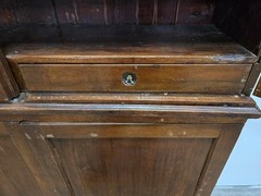 c. 1780 mortise, pegged walnut two piece twelve pane cupboard two drawers.