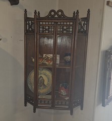 Antique Oak Hanging Corner Curio Cabinet Stick and Ball