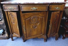 Antique French Oak Sideboard w/Marble Top,3 Doors.w/Carved Foliate & Shells 1930