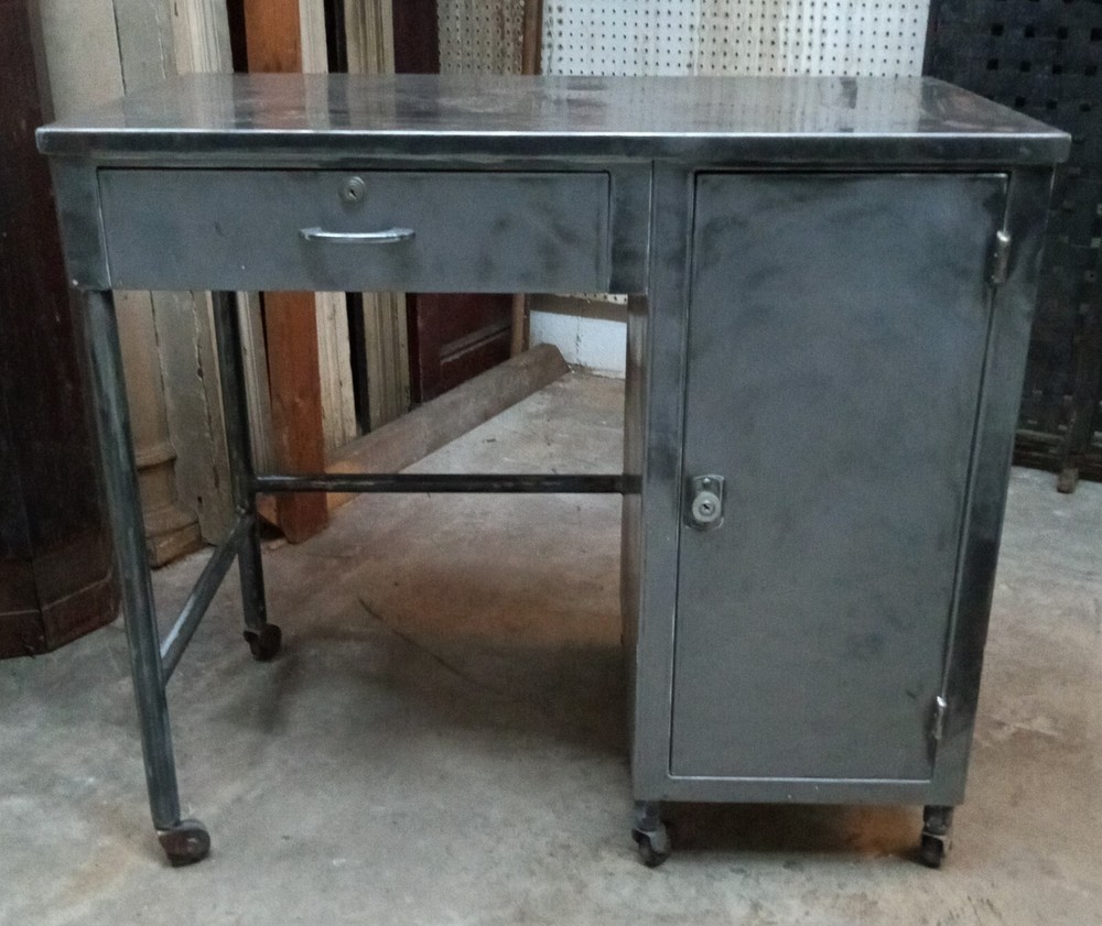 1800’s Steel Medical Desk with Top Draw &n Side Tray Shelves on Wheels GA9360