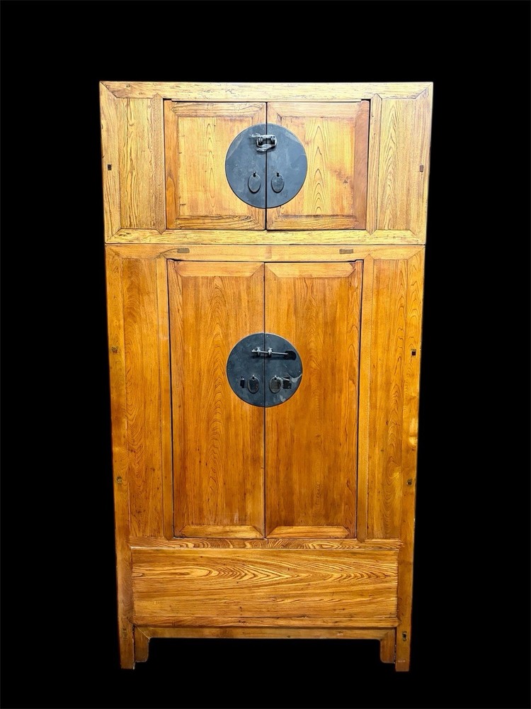 Antique Korean Hardwood Moon Face 4 Door Wedding Cabinet Armoire