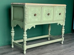 1940s Spanish Style Oak Console Cabinet, Green Console Table
