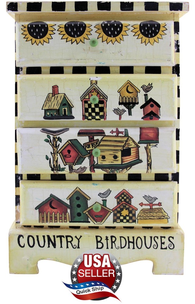 VTG Folk Art Mini 4 Drawer Wood Chest •Handmade & Painted •Birdhouses Sunflowers