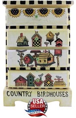 VTG Folk Art Mini 4 Drawer Wood Chest •Handmade & Painted •Birdhouses Sunflowers