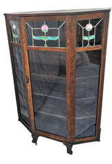 Antique Arts & Crafts / Mission Oak China Cabinet Leaded Glass Floral c1900