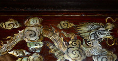 Antique Cabinet Glass Front Hand Carved Asian Motifs & Mother-of-Pearl Designs