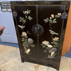 Black Wood Free-Standing Cabinet 2-Door Raised Panel Hand-Painted Floral Bird