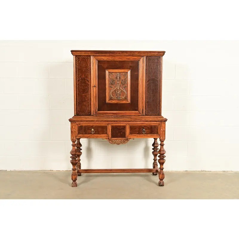 Early Romweber Antique English Jacobean Carved Oak Bar Cabinet, Circa 1900