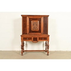 Early Romweber Antique English Jacobean Carved Oak Bar Cabinet, Circa 1900