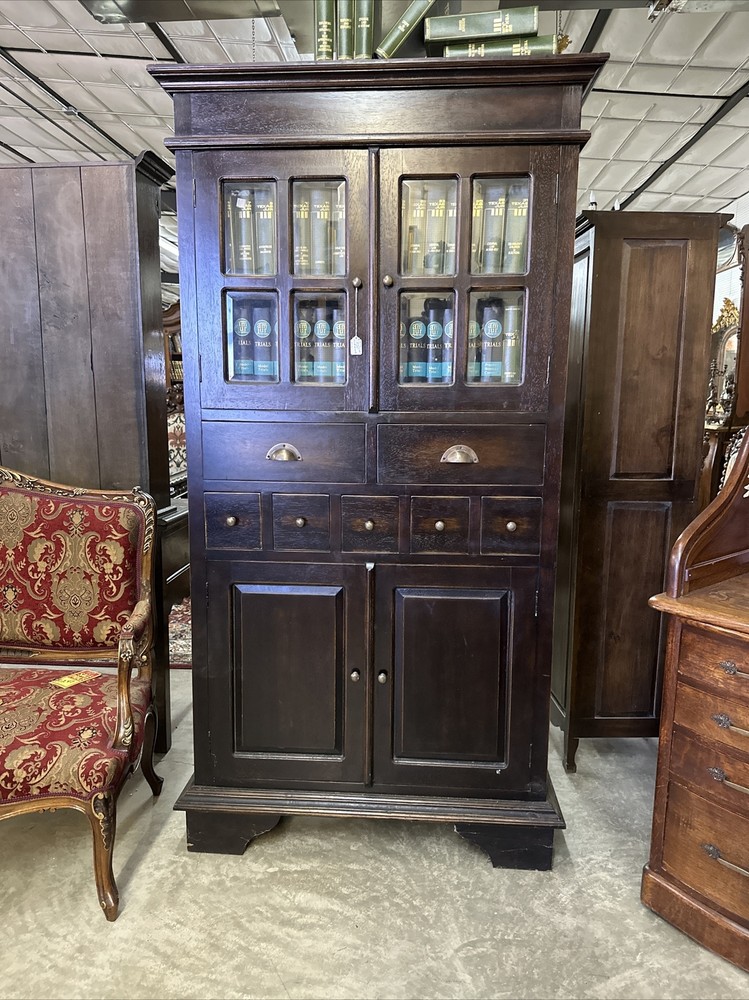 Antique Style Country French Bevel Glass Solid Wood Bookcase Kitchen Cabinet