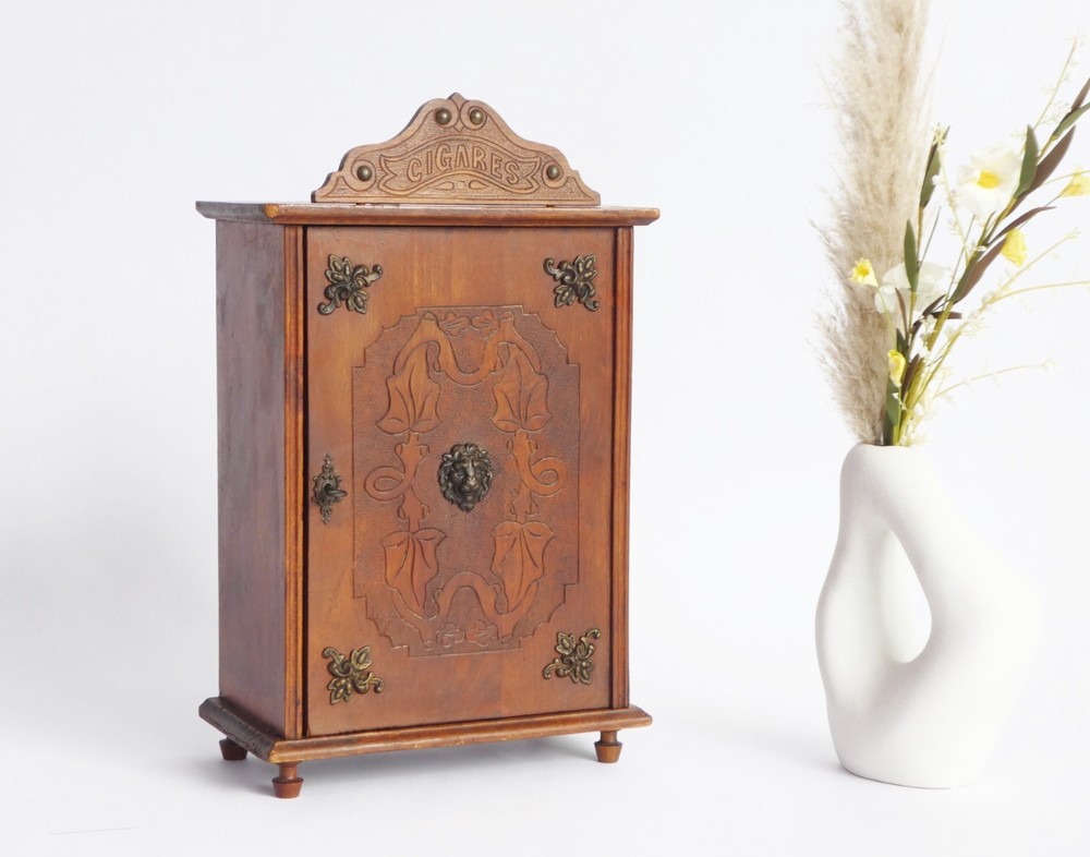 Antique Small Wooden Cabinet with Bronze Ornaments & Carved Details, Art Nouveau