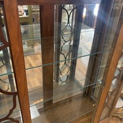 ATQ 1913 Hand Carved Mahogany Wood & Glass 62″ Fret Cabinet w/ Light + 3 Shelves