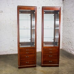Modern Pair Lighted Display Cabinets by Bassett Furniture Cherrywood & Brass