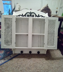 Vintg White Wood Medicine Wall Cabinet Hammered Decorative Tin Doors Oversized