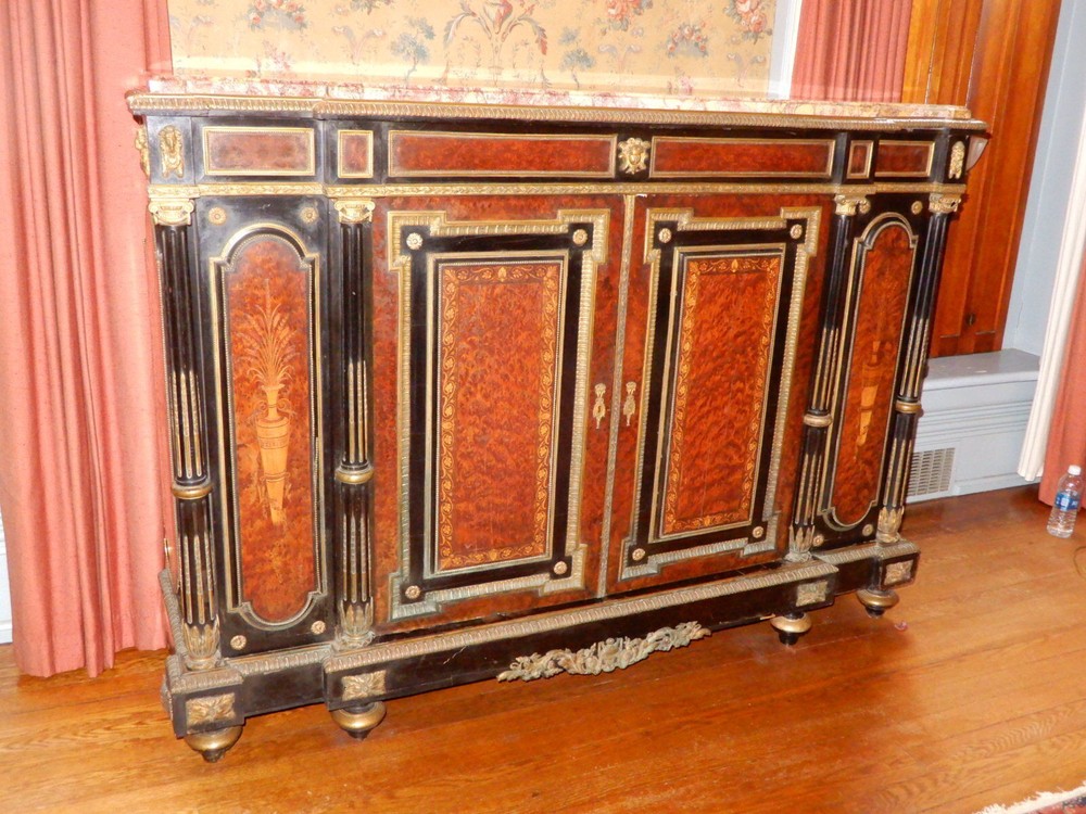 ANTIQUE FRENCH NAPOLEON III INLAID AND BURL ORMOLU MARBLE TOP SIDEBOARD CA. 1860
