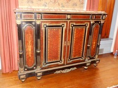 ANTIQUE FRENCH NAPOLEON III INLAID AND BURL ORMOLU MARBLE TOP SIDEBOARD CA. 1860