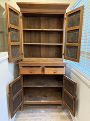 Antique Wooden Pie Safe Cabinet with Tin Panels, 4 Doors, 2 Drawers