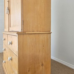 Antique English Pine Linen Press Wardrobe Armoire Cabinet Chest of Drawers Key