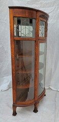 Victorian Oak Bowed Curved Glass China Cabinet with Leaded Glass & Claw Feet