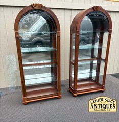 67572 + 67571 PAIR of Lighted Etched Glass Curio Cabinets with Wood Frame
