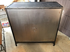 antique vintage industrial metal cabinet shelf workshop record storage iron