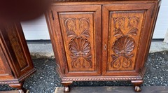 PAIR OF VICTORIAN OAK CHIPPENDALE BEVELED GLASS CORNER CHINA CABINETS