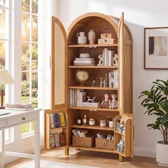 71″ Tall Arched Cabinet with Rattan Doors & Adjustable Shelves, Oak