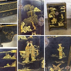 Pair of Japanese Textured Black Lacquer Chests w/Hand Painted Asian Details
