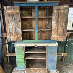 Primitive 2pc Step Back Wall Cupboard Blue & Green Patina Pickup 61103