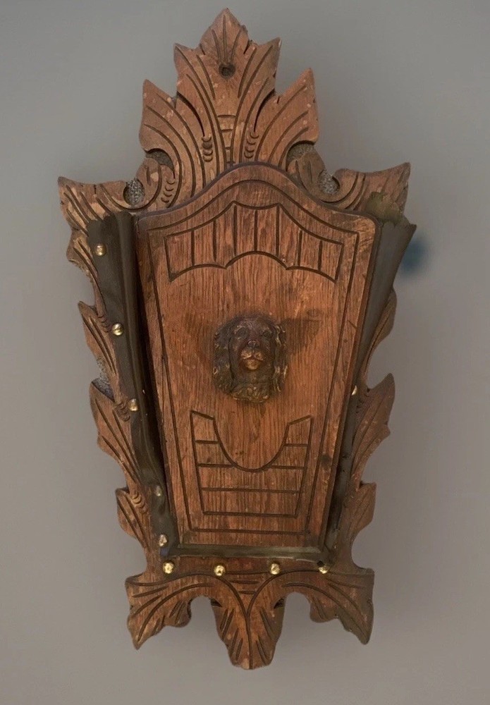 Antique Victorian Walnut Wall pocket Magazine Newspaper Rack Holder Spaniel Dog