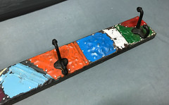 VTG Decorative Shabby Patchwork 32″ Tin Ceiling Metal 4 Hook Rack Old 136-25B