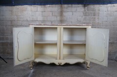 Mid Century French Provincial Serpentine Pink Marble Top Console Cabinet Rattan