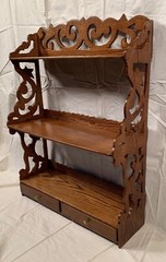 Antique Oak Pierce Cut Three-tier Shelf with drawers