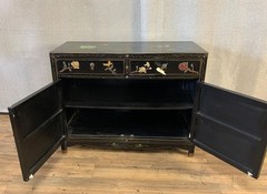 Vintage Chinese Asian Black Lacquer Cabinet Side Entry Table w Stone Onlay