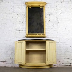 Vintage Neoclassic Revival Blonde Oak Demilune Cabinet or Console and Mirror