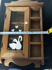 Vintage Country Wall Organizer Cabinet Wood Mesh Door Swan Decor Trinket Shelf