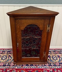 Antique English Corner Cabinet Carved Oak Hanging Wall Cabinet Storage c.1920s