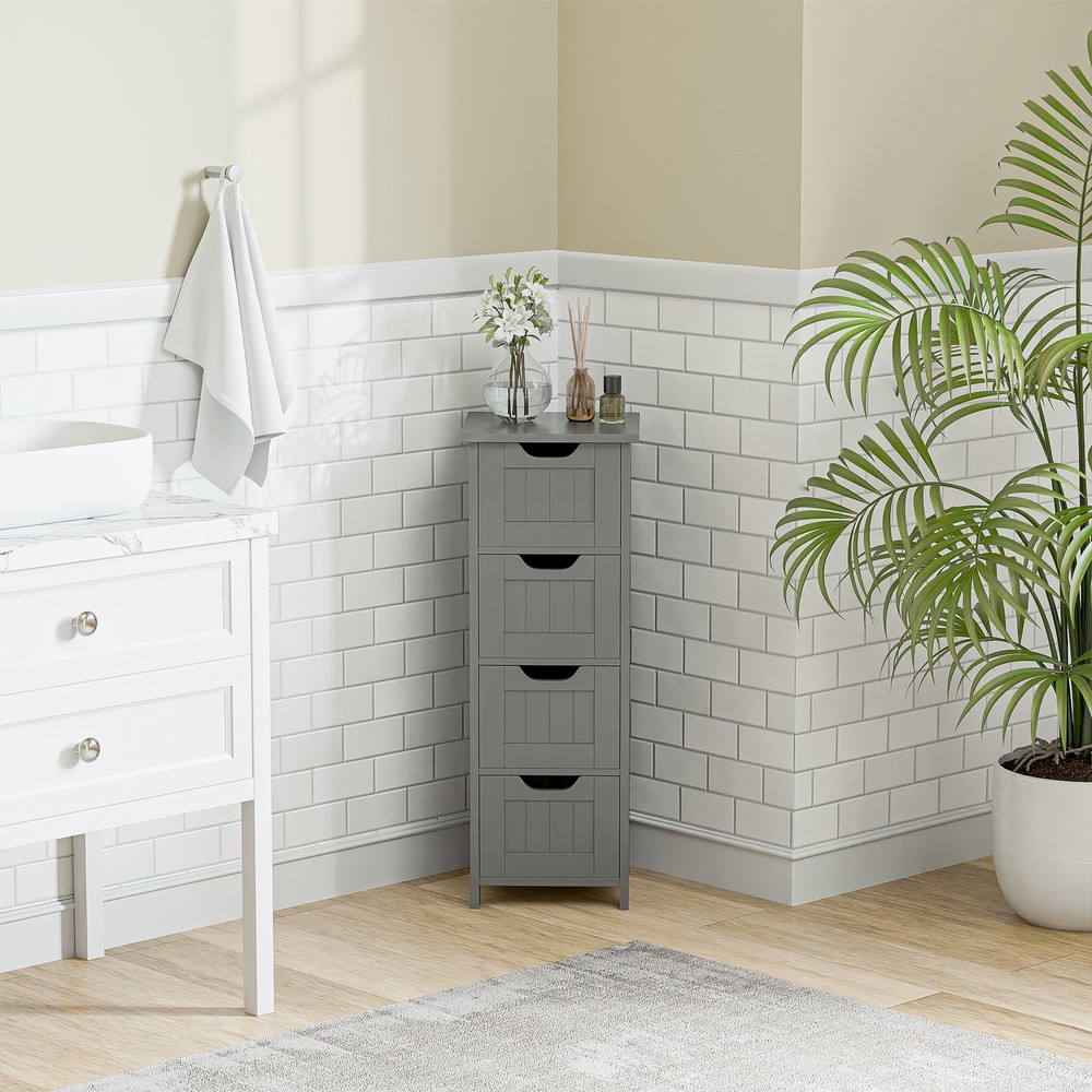 Bathroom Floor Cabinet Wooden Side Storage Organizer 4 Drawer Freestanding Gray