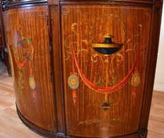 1910 Antique French Walnut & Satinwood Hand painted and Marble topDemi-lune