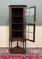 Antique English Jacobean Corner Cabinet Barley Twist Legs Glass Door Oak 1920s