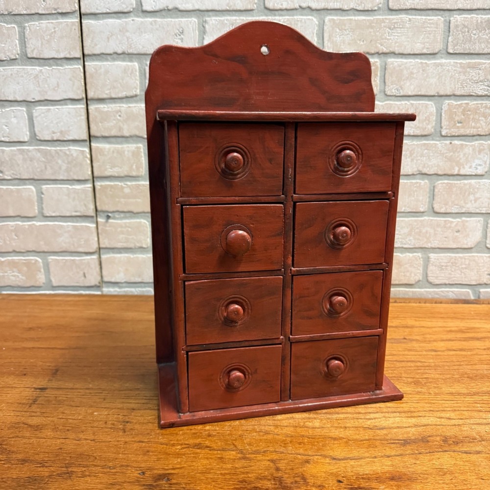 Antique Vintage Red Wooden Kitchen Spice Drawer Cabinet Decor Primitive 1950s