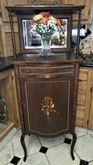 Antique Sheet Music Cabinet w Drawer INLAID WOOD Cabriole Legs BEVELED Mirror!
