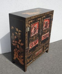 Vintage Oriental Asian Black & Red Hand Painted Lacquer Cabinet Side Table