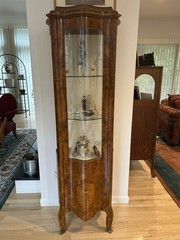 Antique Art Deco Burled Walnut Slender Display Cabinet with Glass Door 19th C
