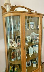 Antique Oak Curved Beveled Glass China Cabinet+Beveled Mirror+Key + Shipping.