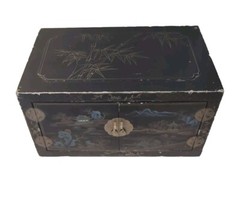 Scarce Vintage Chinese Black Lacquered Painted 2 Door Cabinet 20″x 12″X 11″