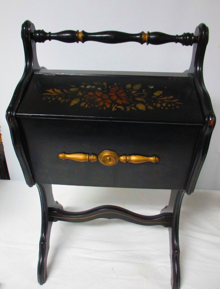 Black Lacquer Handpainted Sewing Cabinet Stand Hinged Lid & Handle