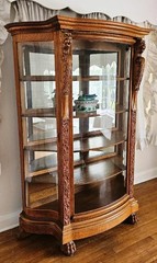 Antique American Empire Tiger Oak Curved Glass Cabinet, Carved Lion Heads $500