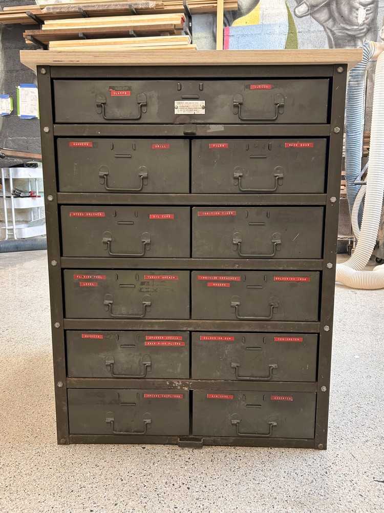 Authentic army green mid-century industrial steel drawer unit
