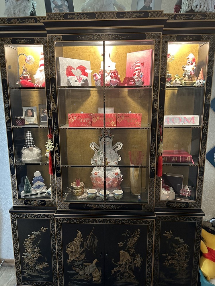 Vintage Asian Chinoiserie Drexel Hand Painted Breakfront Display China Cabinet